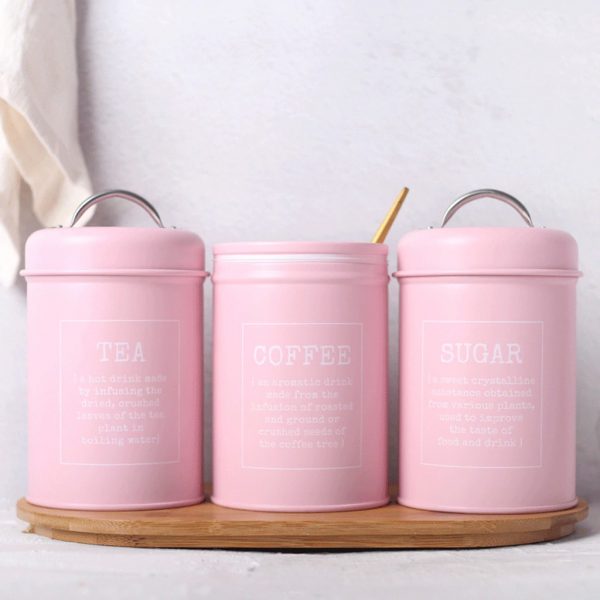 Pink-Tea-Coffee-Sugar-Canister-Set-One-Lid-Removed