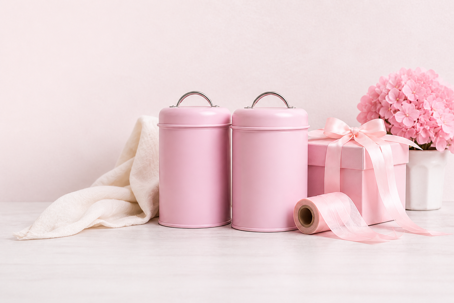 Pastel pink canisters, gift box and flowers