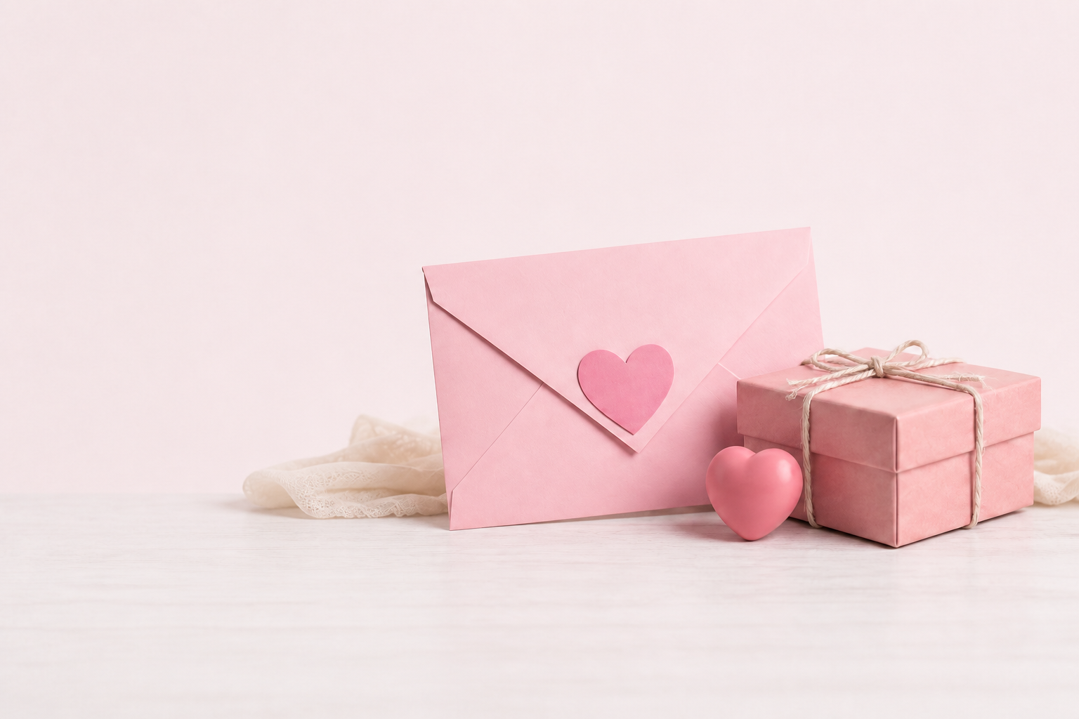 Pink envelope, heart and gift box